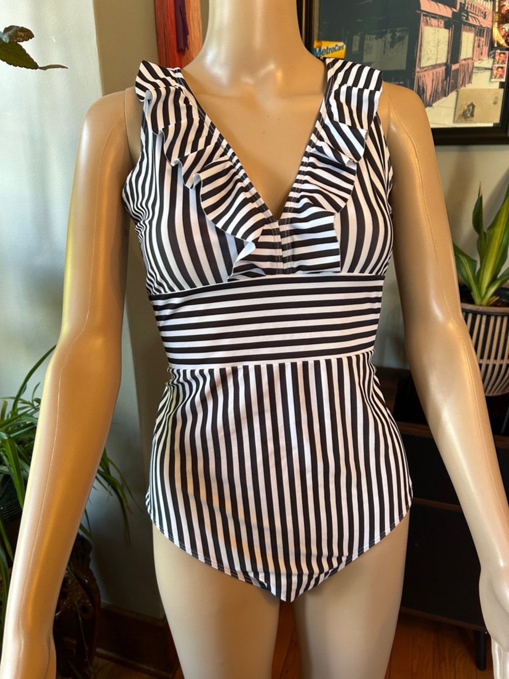 Black & White Striped Ruffle V-Neck One-Piece Swimsuit